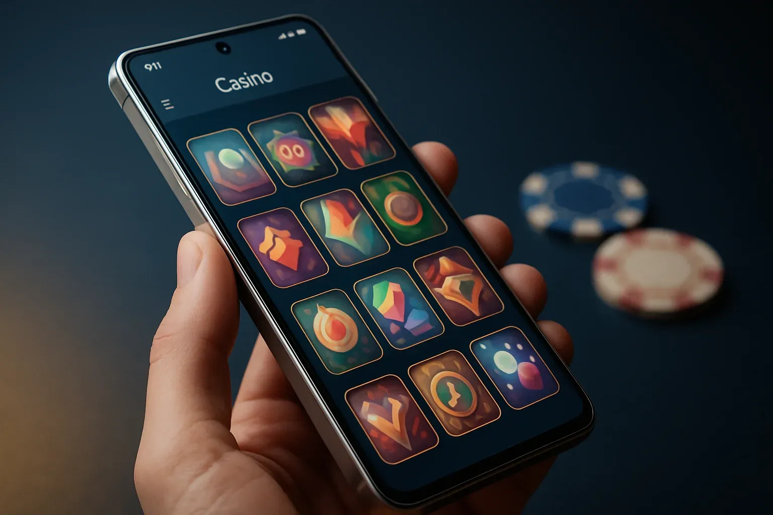 Cinematic flagship Android phone showing vivid casino app interface, dark blue background