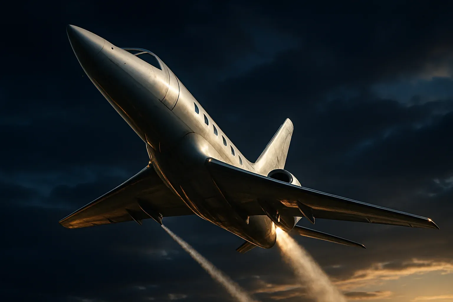 Hyperrealistic white jet climbing steeply in deep blue sky with contrails