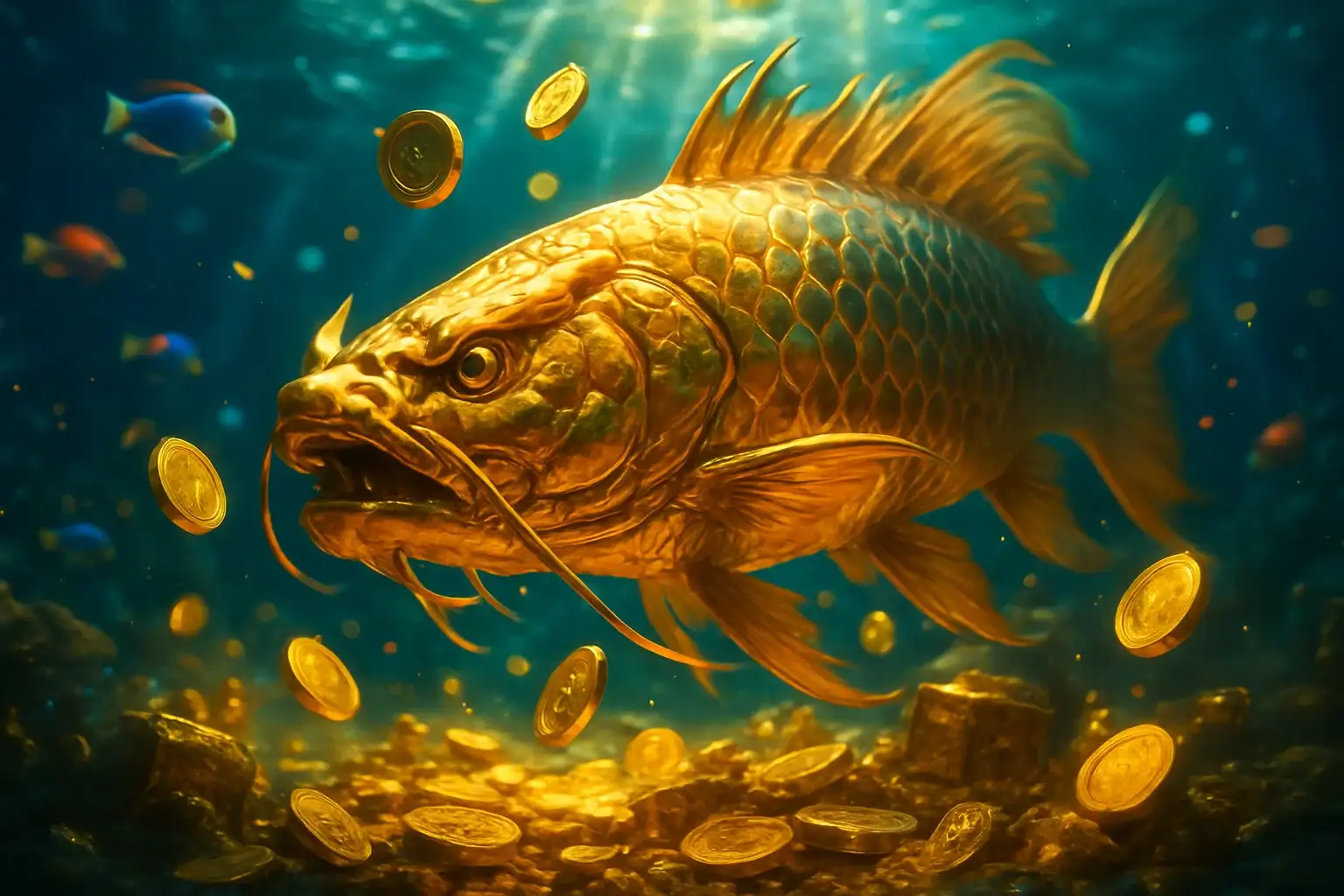 Hyperrealistic underwater golden dragon fish surrounded by coins and treasure