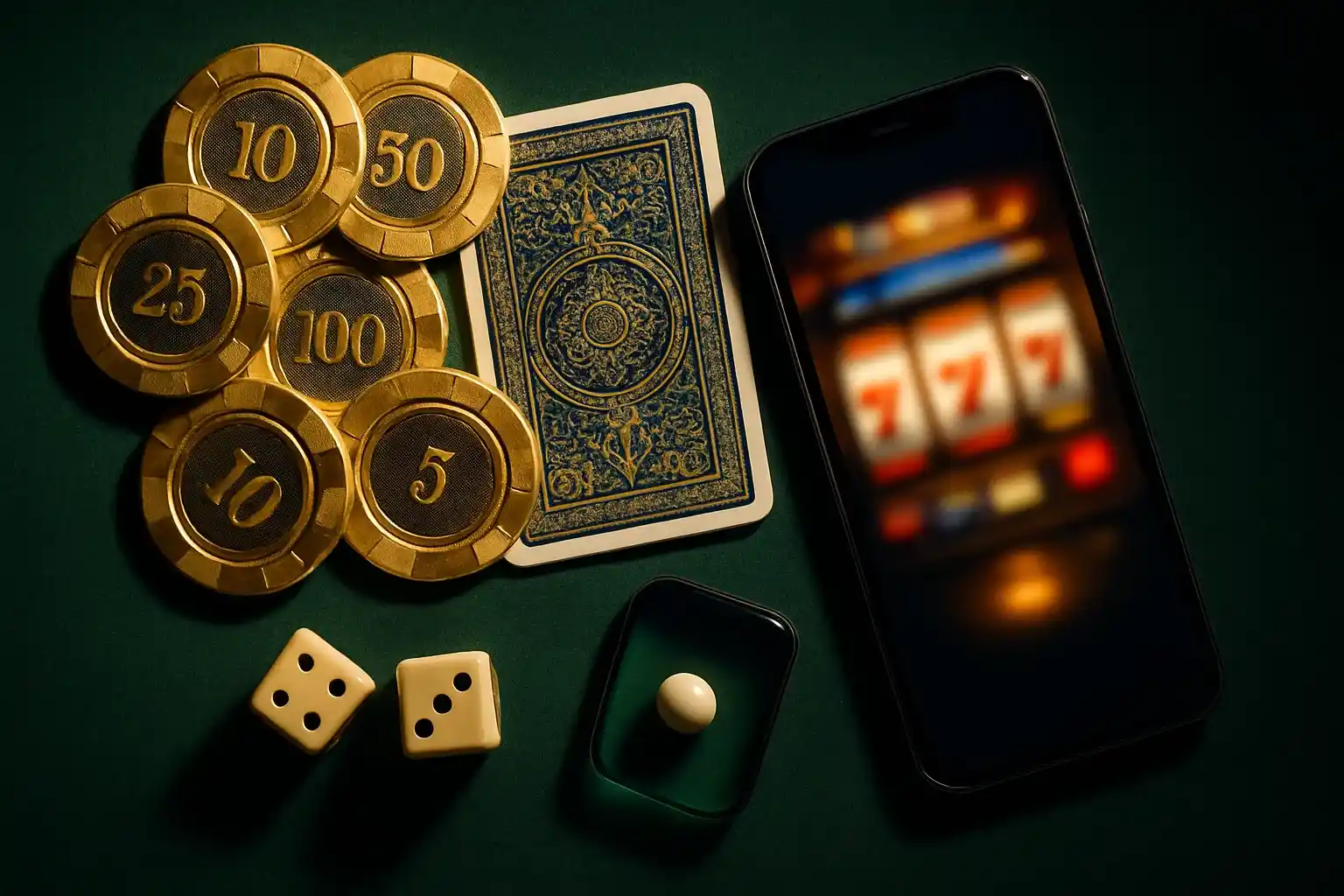 Top-down casino table with golden chips, cards, dice, roulette ball, smartphone
