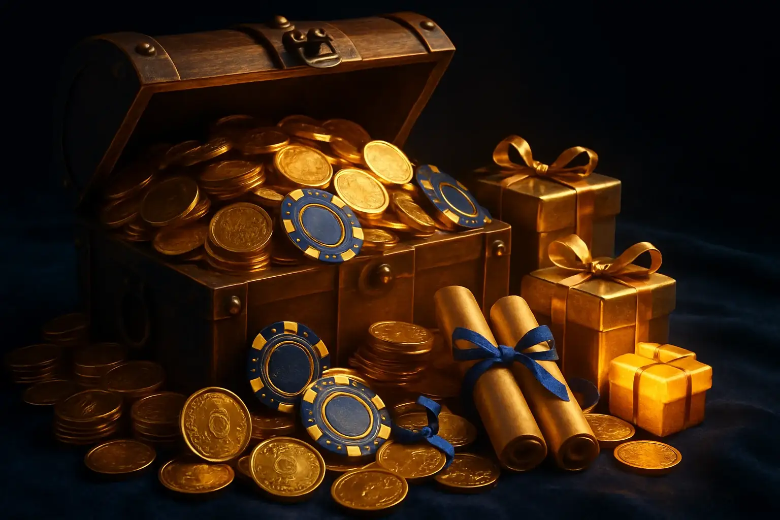 Overflowing treasure chest with gold coins, casino chips, vouchers, and gift boxes