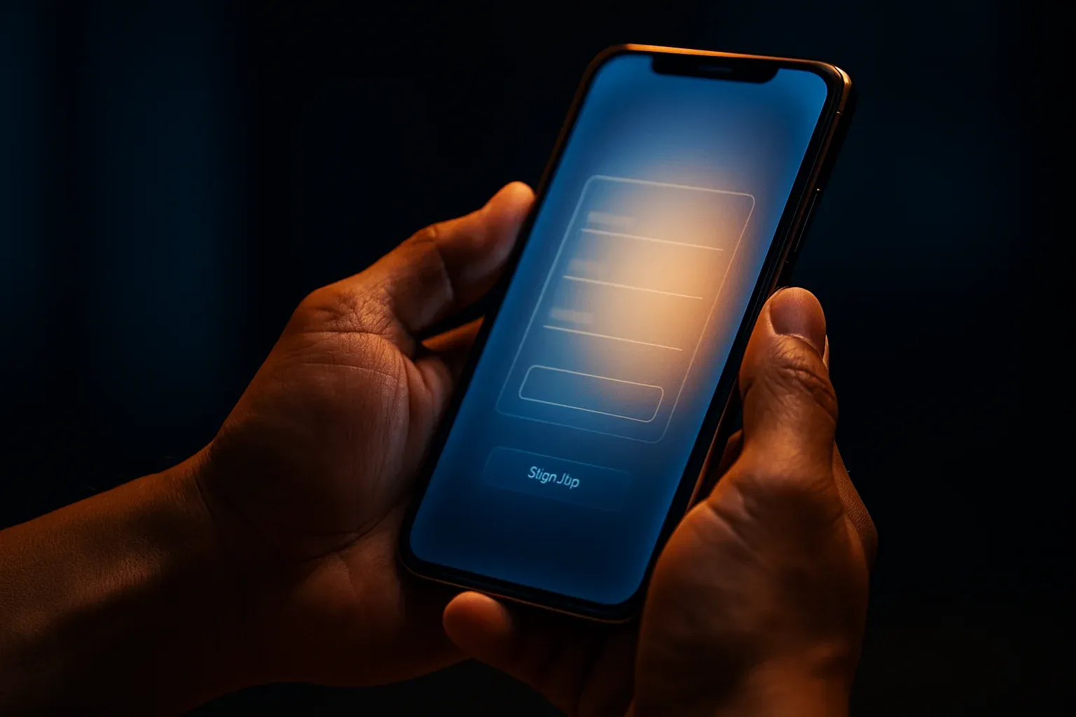 Filipino man hands holding smartphone with blurred registration screen, blue gold glow