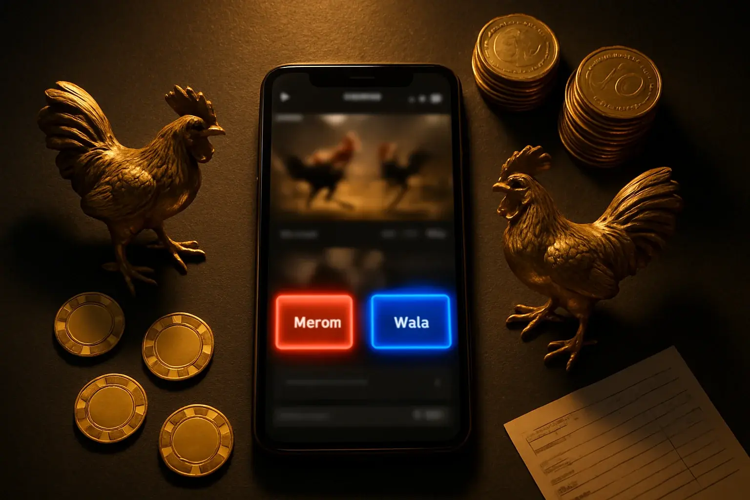 Cinematic flat-lay smartphone sabong betting interface with golden roosters and peso coins