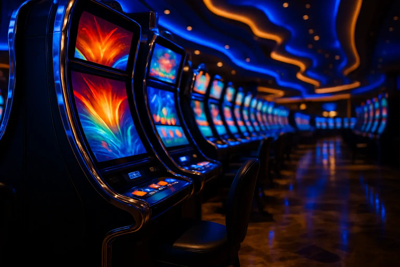 Hyperrealistic wide shot of Manila casino slots floor with blue gold lighting