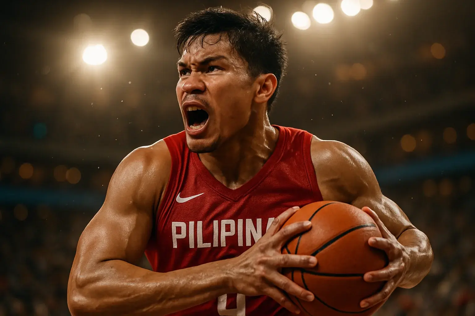 Filipino PBA basketball player mid-air driving to basket under arena lights
